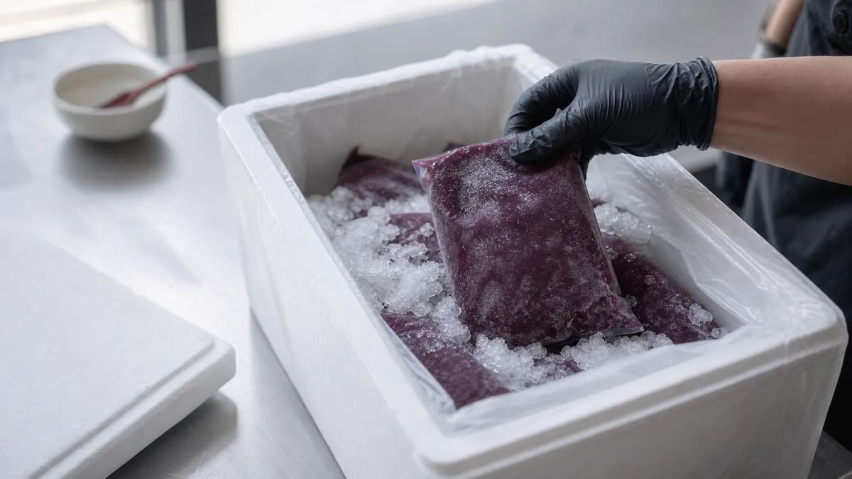 Termobox s mraženou açaí dření v ledové tříšti a ruka kontrolující balení.