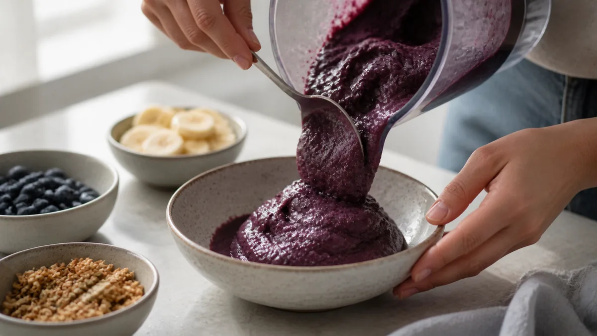 Hustá mražená açaí dřeň přelévaná do misky s ovocem a granolou.