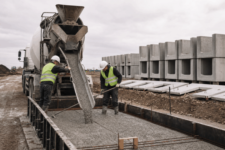 Stavební harmonogram se nehroutí na velkých rozhodnutích, ale na hodinách čekání. Lokální zdroj betonu a prefabrikovaných prvků dokáže projekt posunout o dny.