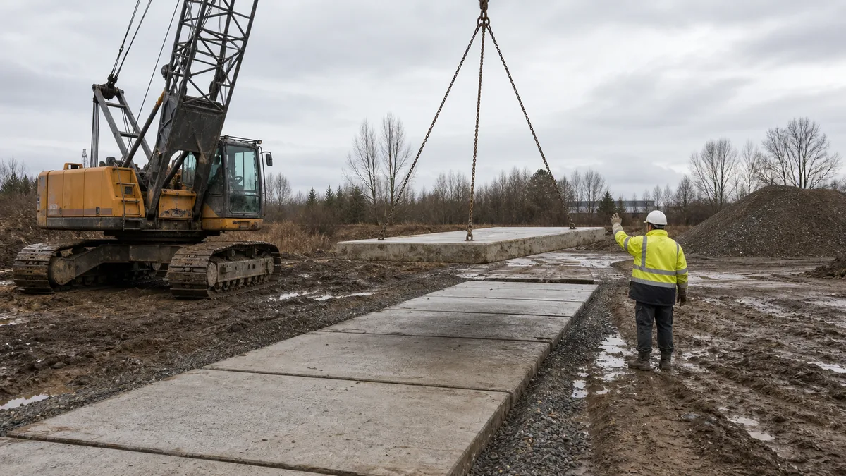 Pokládka betonových silničních panelů na dočasnou příjezdovou cestu na stavbě