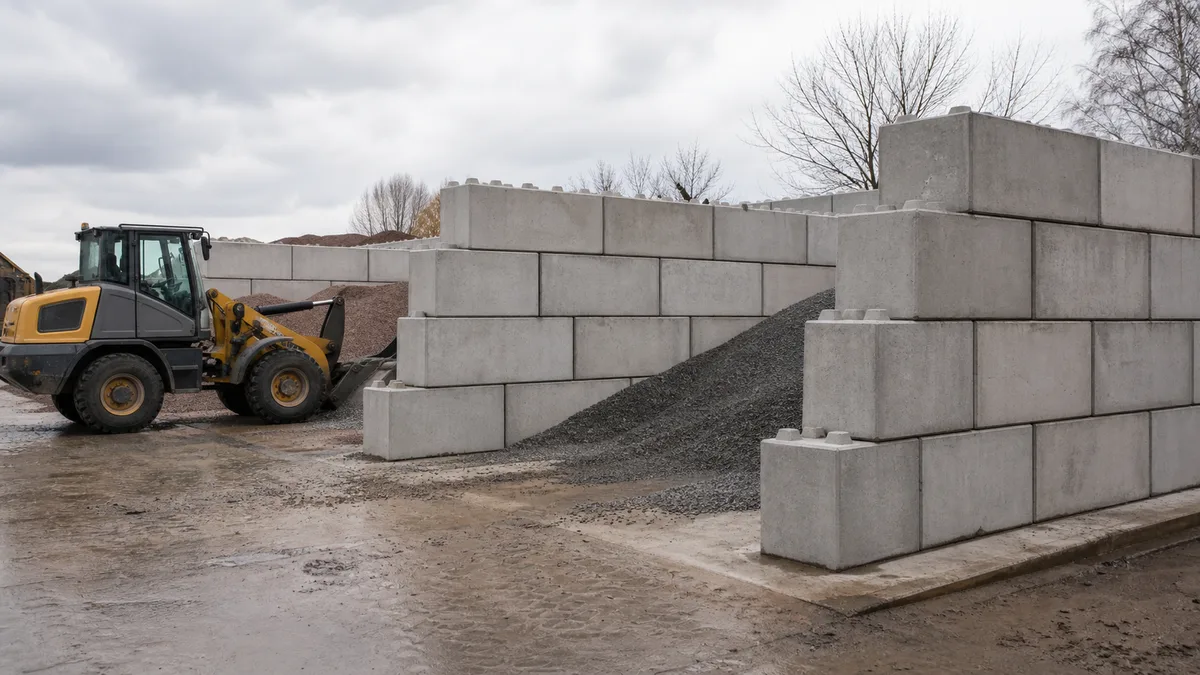 Opěrná stěna z betonových bloků s nakladačem v průmyslovém areálu