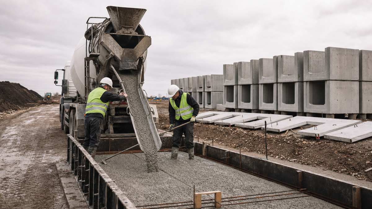 Stavební harmonogram se nehroutí na velkých rozhodnutích, ale na hodinách čekání. Lokální zdroj betonu a prefabrikovaných prvků dokáže projekt posunout o dny.