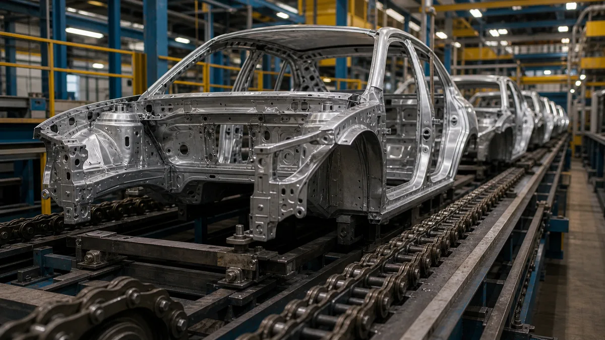 Karoserie automobilů na výrobní lince s dvojicí dopravních řetězů