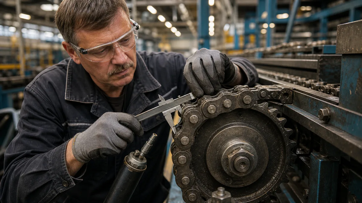 Technik měří opotřebení průmyslového řetězu na ozubeném kole