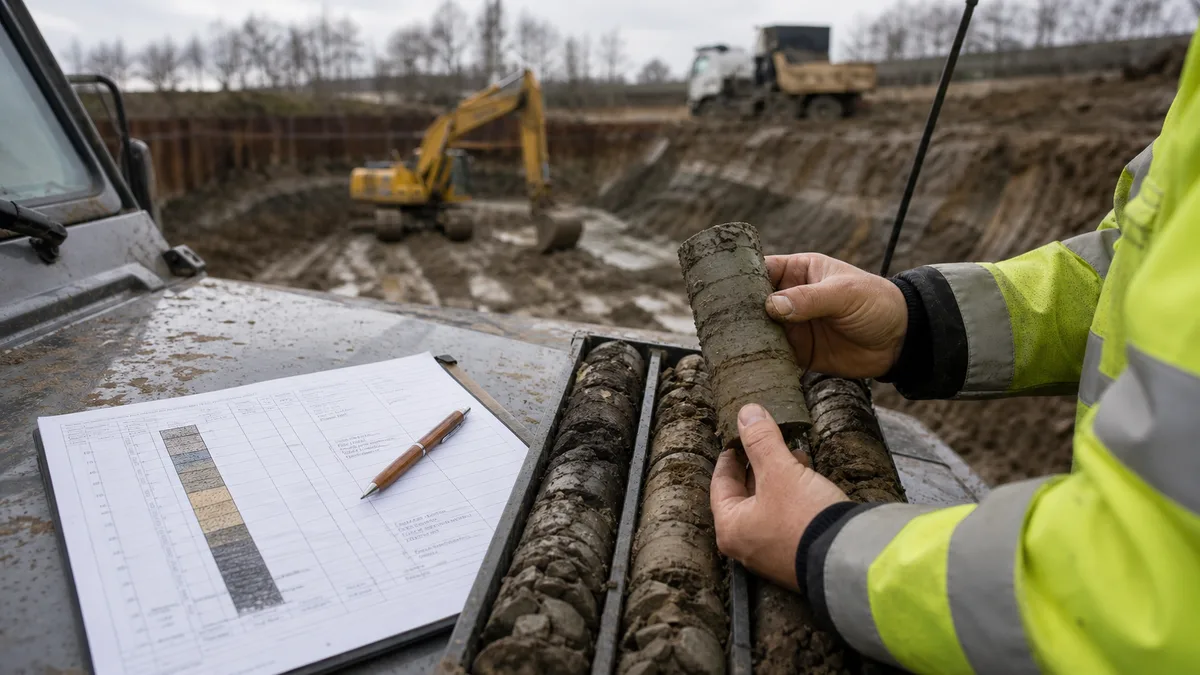 Vzorky zeminy a geologický záznam na okraji stavební jámy