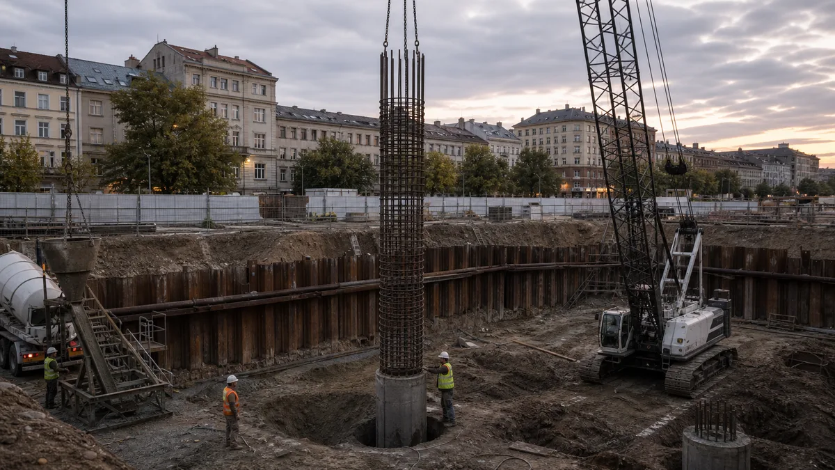 Spouštění armokoše do vrtané piloty v městské stavební jámě