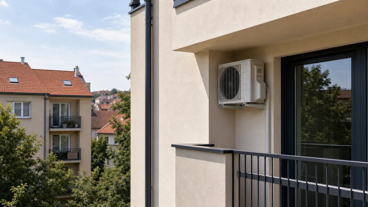 Venkovní jednotka klimatizace schovaná na bytové fasádě u balkonu