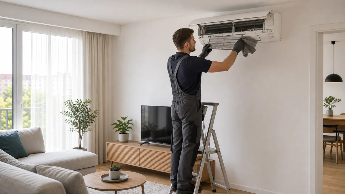 Servisní technik čistí filtr nástěnné klimatizace v obýváku