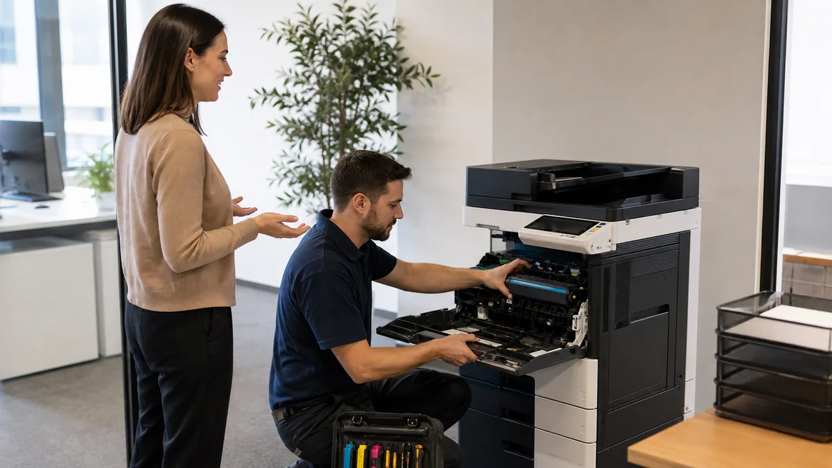 Servisní technik pracuje u kancelářské multifunkční tiskárny v moderní kanceláři.