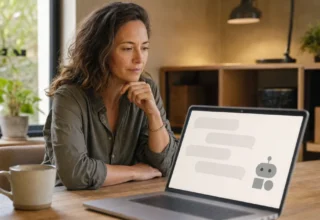 Majitelka malé firmy u notebooku s otevřeným chatovacím oknem AI asistenta