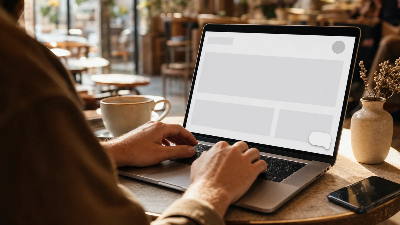 Ruce na klávesnici notebooku, na obrazovce web s chatovacím oknem v rohu