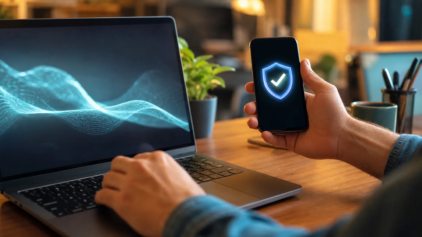 Vícefaktorové ověřování na mobilu vedle firemního notebooku