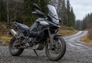 Cestovní enduro s padacími rámy a brašnami na lesní cestě