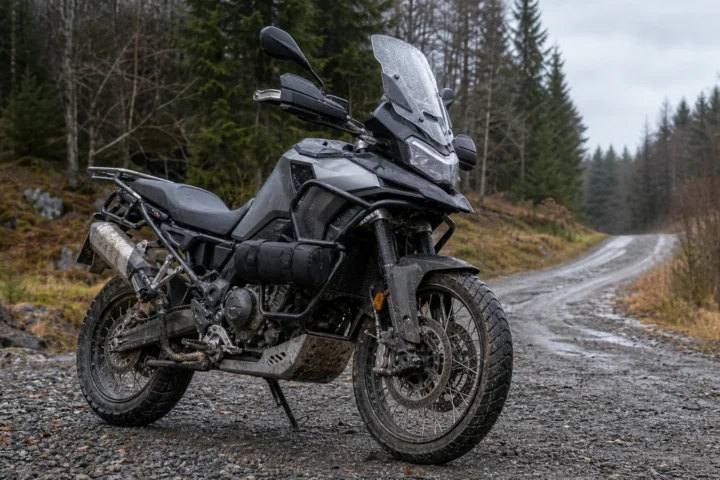 Cestovní enduro s padacími rámy a brašnami na lesní cestě