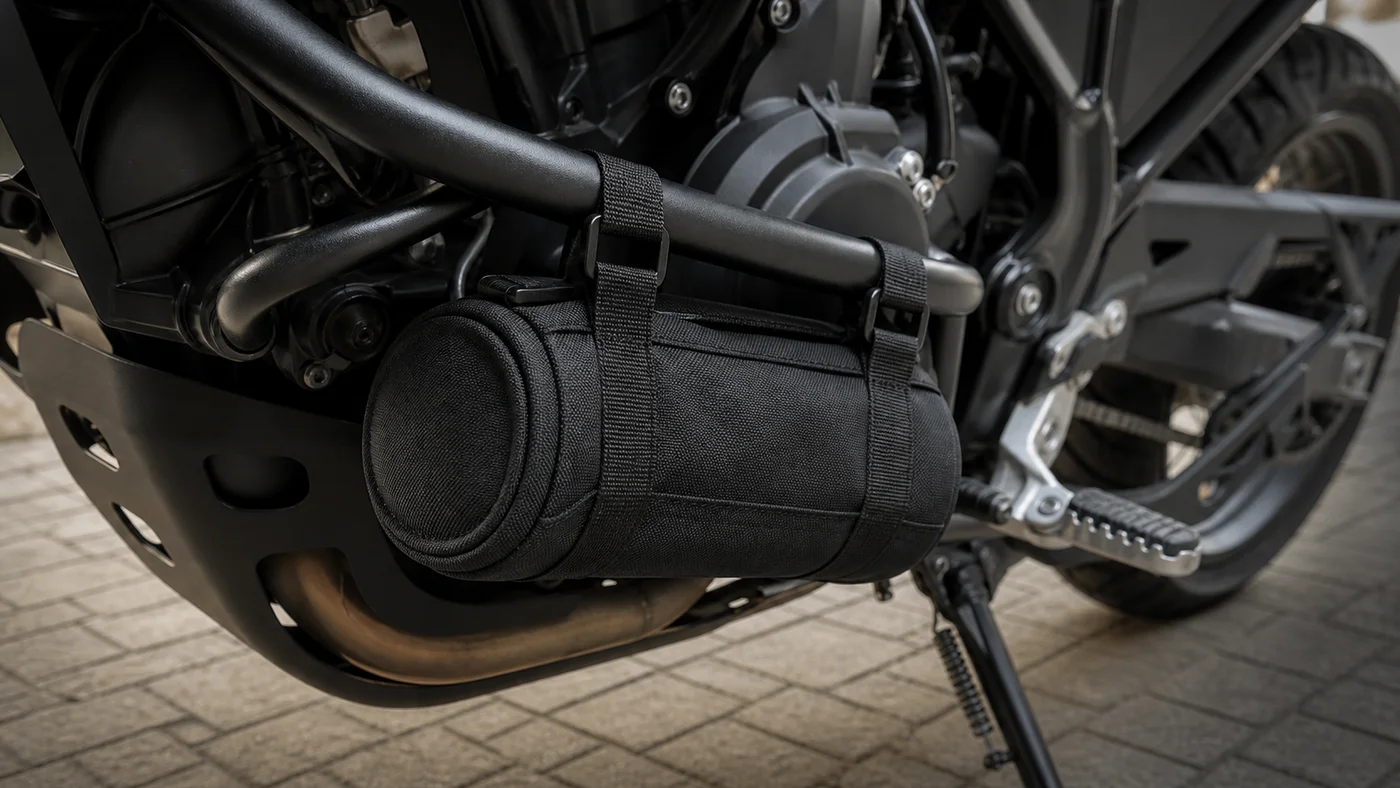 Textilní brašna připnutá popruhy na padacím rámu motocyklu