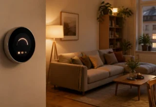 Chytrý termostat na stěně moderního obývacího pokoje