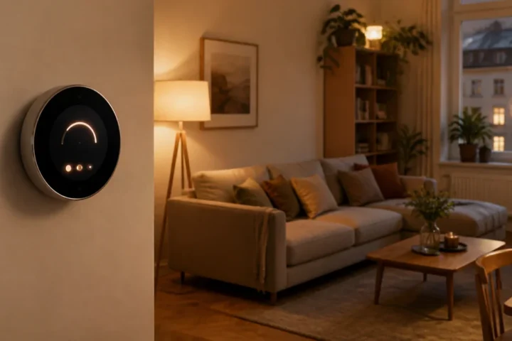 Chytrý termostat na stěně moderního obývacího pokoje