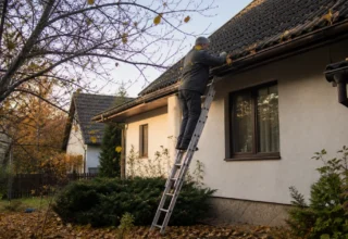 Muž na žebříku čistí okap rodinného domu na podzim, příprava domu na zimu