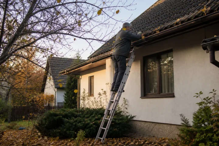 Muž na žebříku čistí okap rodinného domu na podzim, příprava domu na zimu