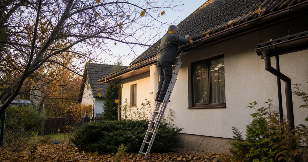 Muž na žebříku čistí okap rodinného domu na podzim, příprava domu na zimu