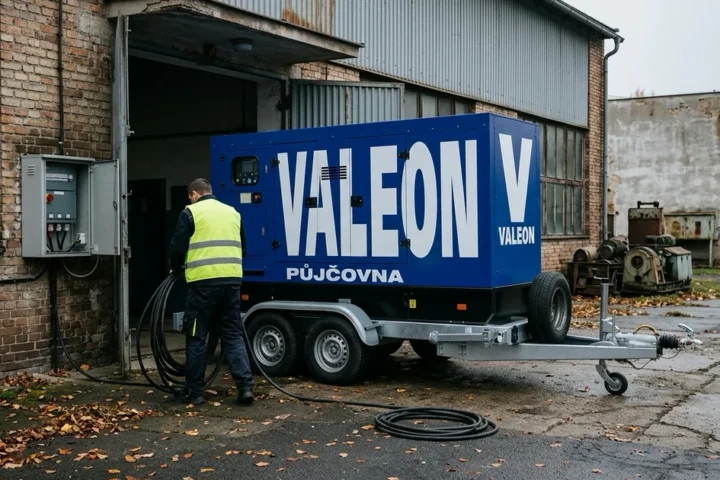 Modrá elektrocentrála na přívěsu u zadního vchodu výrobní haly, technik vede kabel k rozvaděči