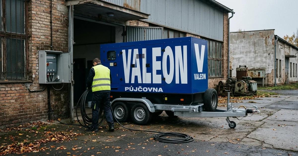 Modrá elektrocentrála na přívěsu u zadního vchodu výrobní haly, technik vede kabel k rozvaděči