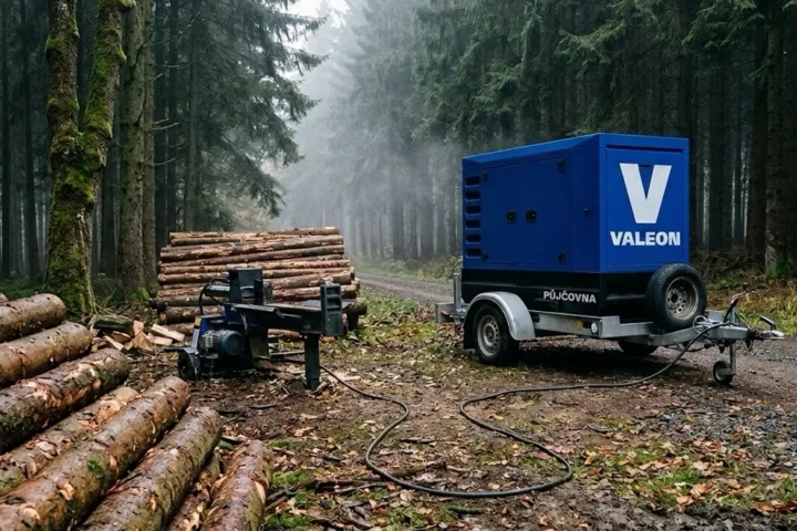 Elektrická štípačka a hromady polen na pasece, na lesní cestě modrá elektrocentrála na přívěsu v říjnové mlze