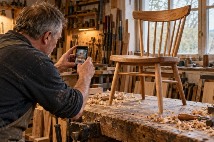 Truhlář v dílně fotí mobilem hotovou dřevěnou židli, kolem hoblovací ponk, hobliny a ruční nářadí