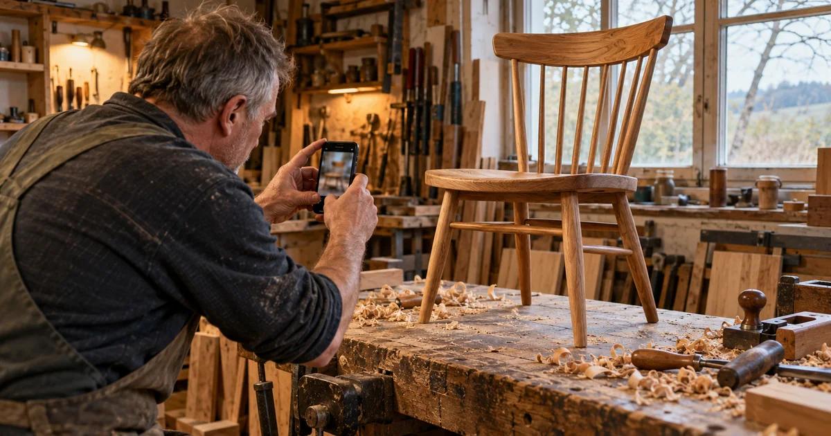 Truhlář v dílně fotí mobilem hotovou dřevěnou židli, kolem hoblovací ponk, hobliny a ruční nářadí